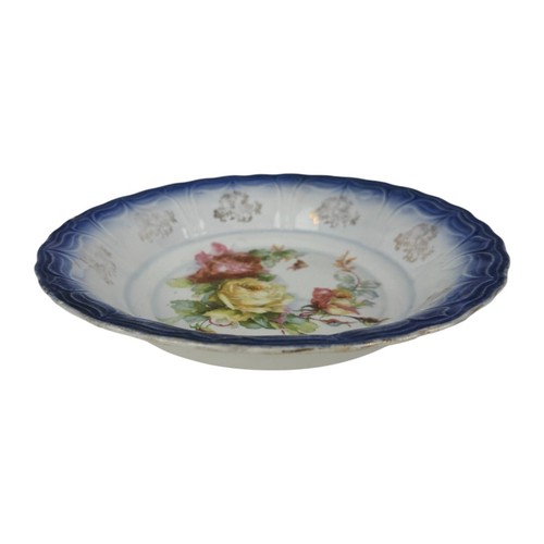 Vintage Serving Bowl Floral Farmhouse Romance Blue Rim Yellow Red ROSE Victorian - Picture 9 of 12