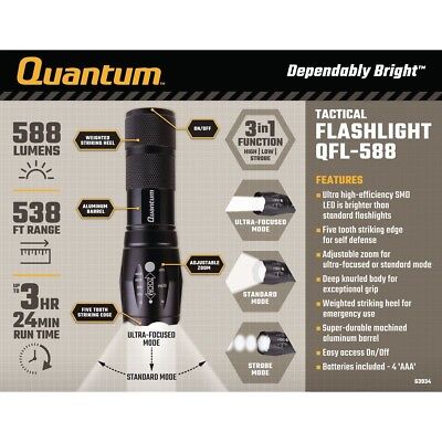 Quantum Focusing Tactical Flashlight QFL-588 3 modes 588 lumens 538ft range NEW Quantum Focusing Tactical Flashlight QFL-588 3 modes 588 lumens 538ft range NEW