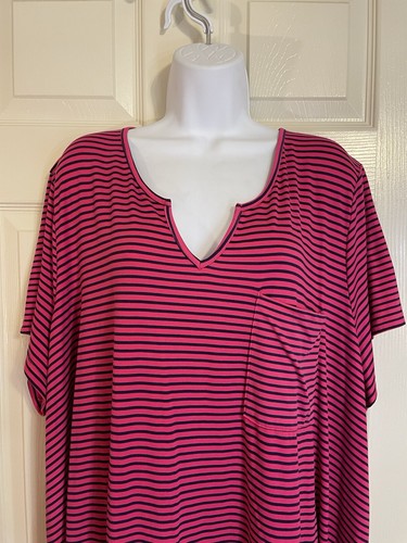 Love, Life Size 3XL Fuchsia Pink Black Striped V Neck T Shirt Dress Knee Length - Picture 2 of 5