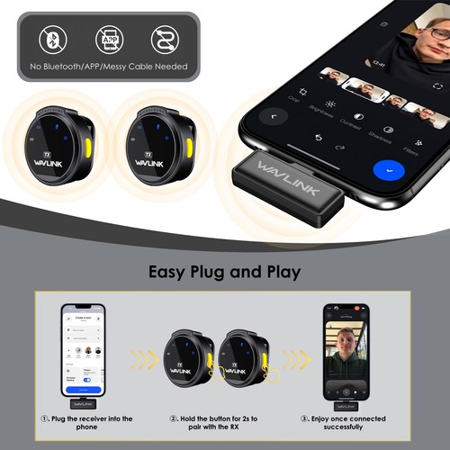 Wireless Lavalier Microphone for iPhone iPad Dual Mic w/Battery Case 2*TX+1*RX - Picture 3 of 16