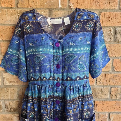 Vestido Cabernet Vintage Mujer Midi Botón Delantero Mangas Cortas Azul Floral Talla S - Imagen 3 de 16
