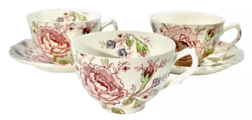 🌹5 Pcs JOHNSON BROTHERS ROSE CHINTZ England, 3 FLAT CUPS & 2 SAUCERS ~IMPERFECT