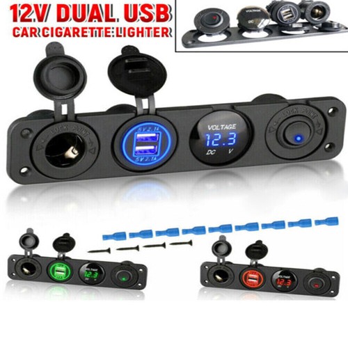 4in1 Panel Dual USB Socket Charger+LED Voltmeter & 12V Power Outlet for Car Boat - Picture 1 of 39