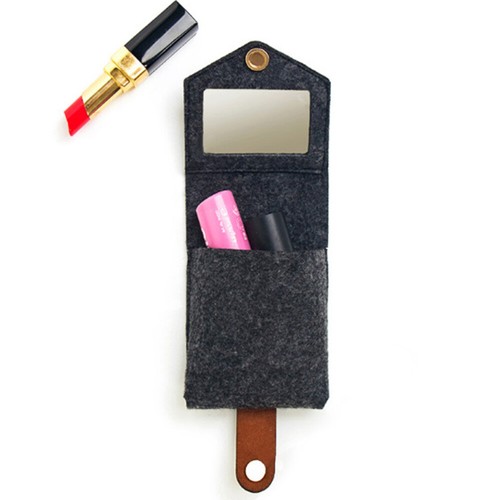 Mini Portable Lipstick Bag with Mirror Square Snap Button Storage Pouch Felt - Picture 6 of 12