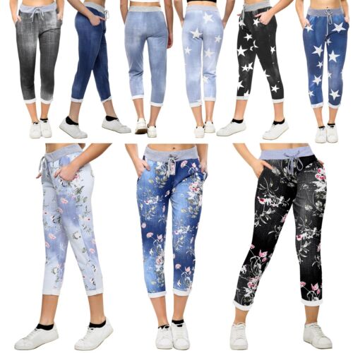 Ladies Italian Floral Print Joggers Cotton Trousers Leggings Magic Pants Jeans - Picture 3 of 24