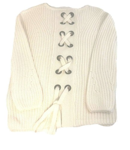Poof Apparel L Girls white Holiday Sweater criss-cross metal grommets NWT $28 - Picture 1 of 5