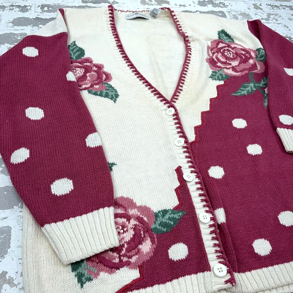 Винтажный женский свитер Maggie Lawrence большой белый розовый кардиган в горошек - Изображение 3 из 4