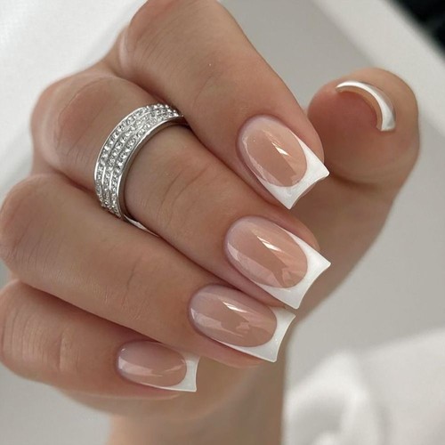 White Edge Fake Nials Long Square Nail Tips Fashion False Nails Women Girls