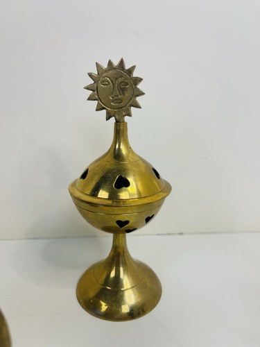 Set 3 BRASS CENSER INCENSE BURNER Dome Celestial Moon Sun Stars Peacock Handle ✨ - Picture 6 of 11