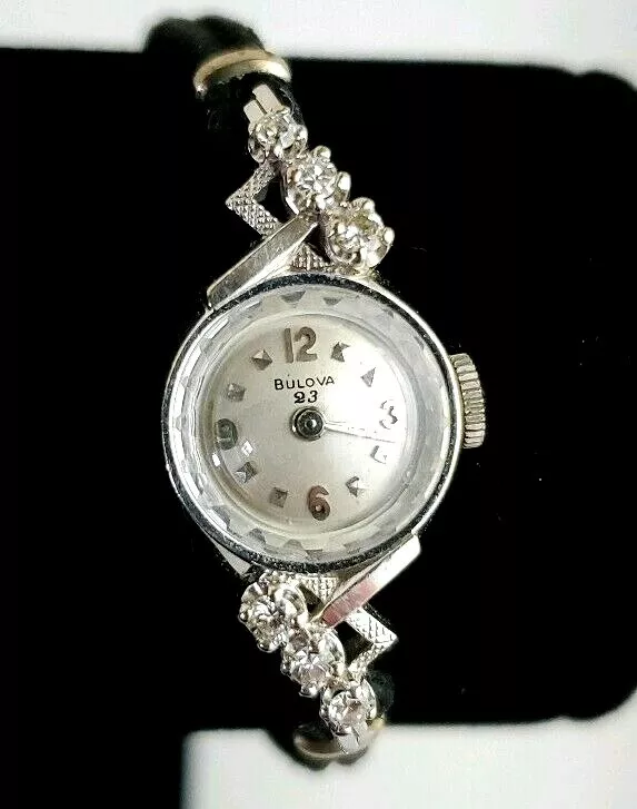 Vintage BULOVA 23 Jewels 14K White Gold Diamonds Ladies Cocktail Watch
