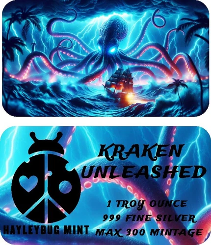 Hayleybug Kraken Unleashed Colorized 1 oz Silver Bar w/ COA mintage 300