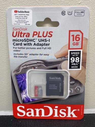 SanDisk 16GB Ultra Plus Micro SDHC UHS-1 Memory Card with Adapter speed 98 MB/s - Picture 2 of 5