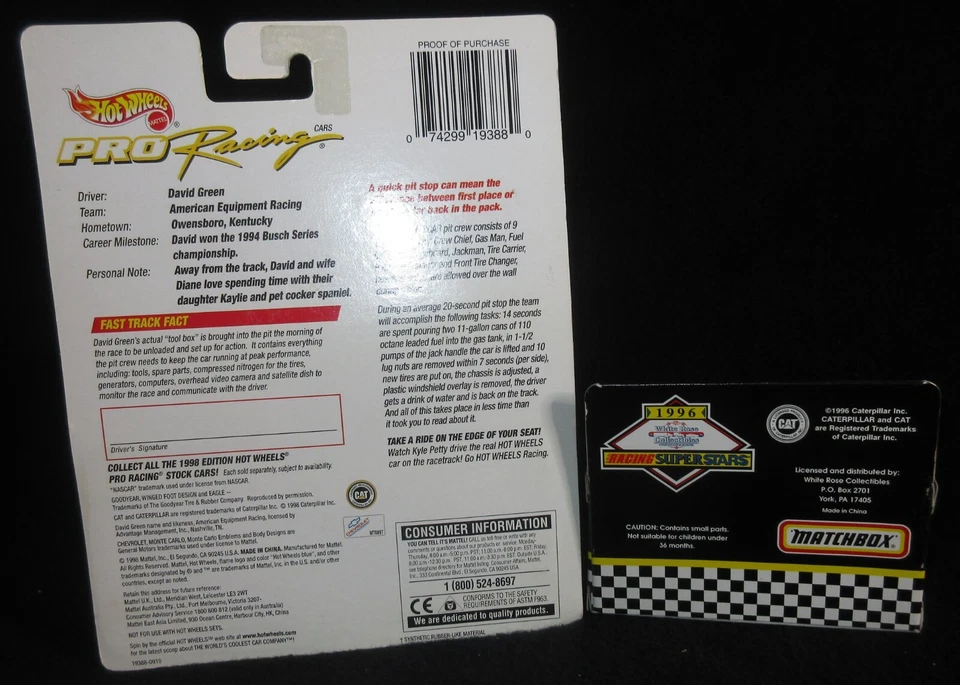 Hot Wheels Pro Racing NASCAR Pit Crew David Green Car 1/64 Matchbox CATERPILLAR Foto 4 de 4