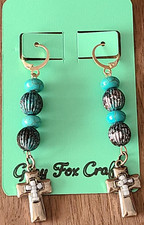 Silver Cross dangle earrings with turquoise beads - Made in USA