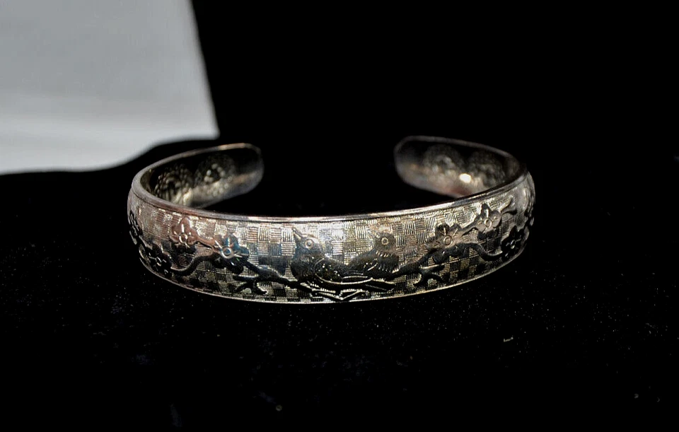 Pulsera Pájaro Flor Cerezo Plateado Flor Brazalete Cuervo Urraca De Colección Cuervo Foto 2 de 4