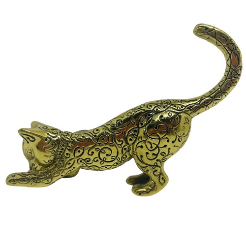 Franklin Mint Brass Cat Etched Figurine Vtg 1986 Asian Crouching Pristine Xlnt - Picture 1 of 5