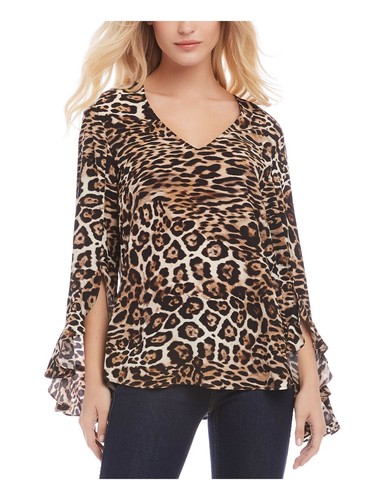 KAREN KANE Womens Beige Animal Print V Neck Top XS - Picture 3 of 11
