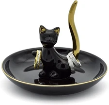 Happy Cat Posture Trinket Tray Decorative Ring Holder Jewelry Storage Dish Black