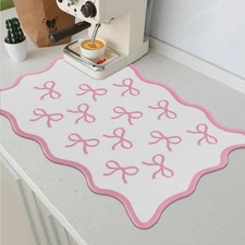 Pink Bow Coffee Mat 12" x 19" Scalloped Bow Coffee Bar Mats Pink Dish Drying ...