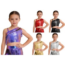 Kids Girls Dancewear Shiny Tops Asymmetrical Crop Top Cosplay Metallic Disco
