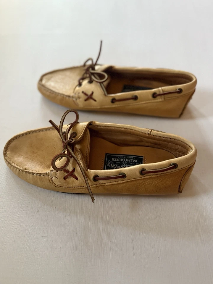 De colección Ralph Lauren Polo Country Dry Goods Cuero Mocasines Mocasines Hombres Talla 7 Tostado Foto 3 de 4