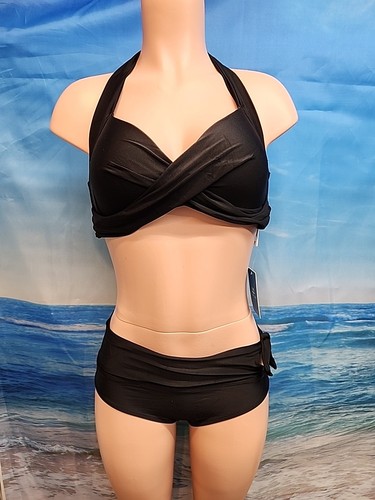 Nwt Cupshe Womens Two Piece Swimsuit Size S Black Halter Top. Padded - Picture 1 of 6