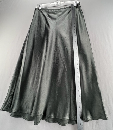 Falda sin Mangas Vince Satén Mujer L Midi Línea A Cintura Alta Sedosa Drapeada Elegante Verde - Imagen 8 de 10