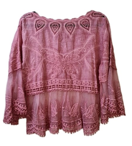 BAZAAR NAKED GYPSY Dusty Pink Embroidered Short Butterfly Boho Hippy Blouse S - Picture 4 of 12