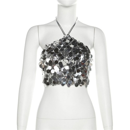 Glittering Silver Sequin Shining Women's Slim Fit Tank Top with Halter Neck - Picture 7 of 36