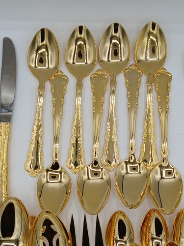 1847 Rogers Bros E.P. Korea Gold Tone Silverware Fork Spoon with box 54 Pieces - Picture 6 of 14
