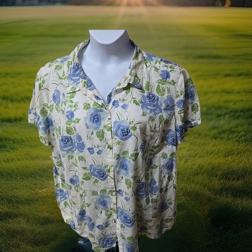St John's Bay White Blouse Blue Flowers Lightweight SS Beaded Cotton Plus 3X
