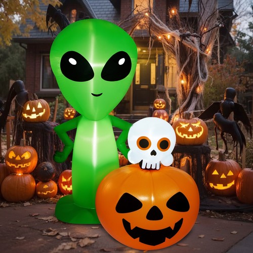 6,8 Fuß Halloween Aufblasbarer Alien mit Kürbis LED Beleuchtet Outdoor Hof Dekor - Bild 1 von 10