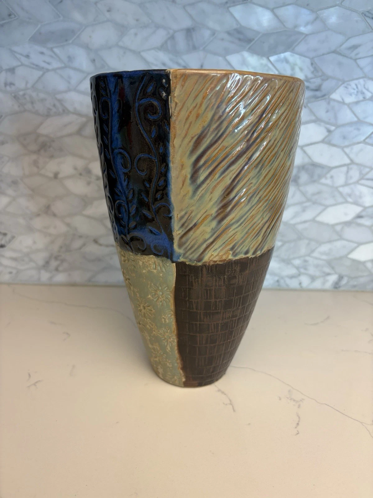 10” Vase Home Decor Abstract Color Blocking Textures Shiny Earth Tones Squares