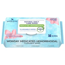 Flushable Hemorrhoid Wipes | Medicated Witch Hazel Wipes Ph Balanced | 56 Cou...