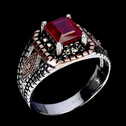 925 Sterling Silver Ring Octagon Ruby 8x6mm Marcasite Gemstone jewelry 9 - Picture 2 of 14
