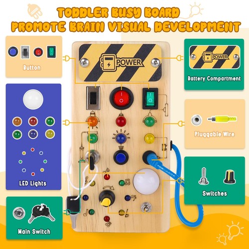 Montessori Wooden Busy Board with 8 LED Light switches, Sensory Toys Light Sw... - Picture 2 of 12