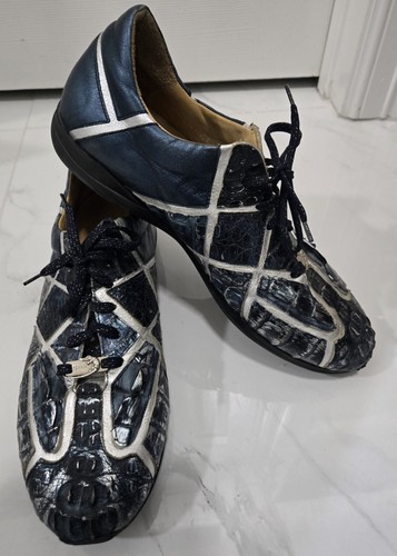 FENNIX Italian Genuine Alligator Patent Blue Silver Sneakers EU 45 - US 12 RARE!