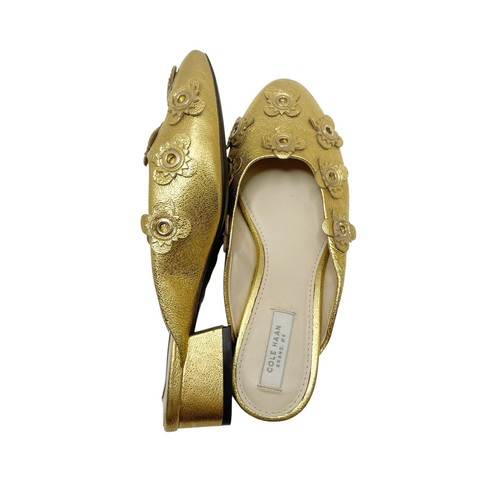 Cole Haan Metallic Gold Floral Embellished Mules Size 5B Block Heel Slip-On - Picture 3 of 12