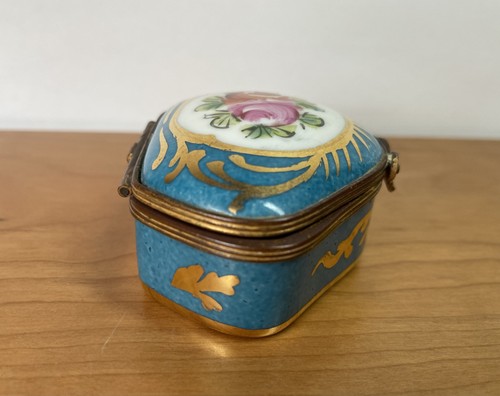 Limoges Pink Rose Turquois Flower Peint Main Hinged Trinket Box France - Afbeelding 5 van 10