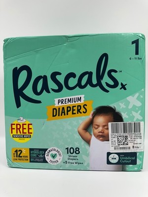 Rascals Premium Baby Diapers Size 1, 108 Count + 5 Wipes