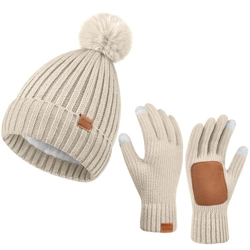Conjunto de guantes gorro de invierno para mujer, forrado de vellón tejido cálido pompón talla única avena - Imagen 1 de 6