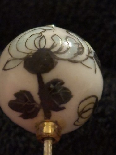 Antique Hat Pin Enamel Porcelain Ball 1.5” ball 2.7”L abstract flowers - Picture 10 of 17