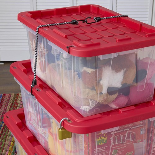 15 Gallon Clear Plastic Storage Bin Snap Red Lid Stackable 60 Quarts Container - Picture 4 of 8