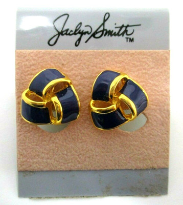 Jaclyn Smith Earrings Vintage Screw Back Gold Tone Blue Enamel 1980s Glam