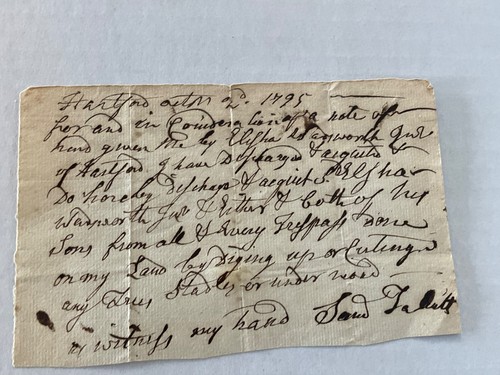 1795 DOCUMENT SGN SAM TALBOTTS APPEARS TO BE LEGAL NOTE DISCHARGE SAMUEL TOBOTT