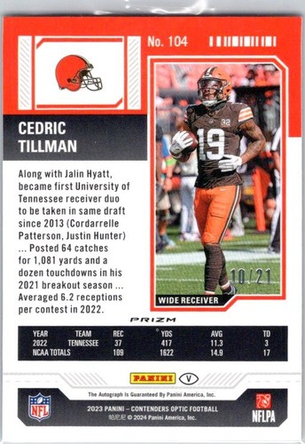 2023 Panini Contenders Optic #104 Cedric Tillman Purple Pulsar #/21 - Picture 2 of 2