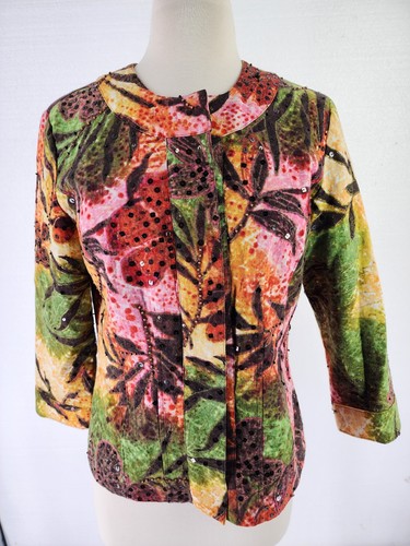 Chicos Blazer Womens 4 Floral Print Snap Up Jacket Blazer Three Quarter Sleeve