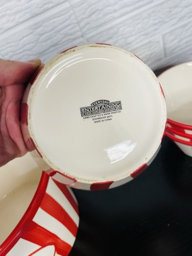 Stoneware Popcorn Serving Bowls Red & White Stripe Classic Style 5 PIECE SET - Picture 6 of 6