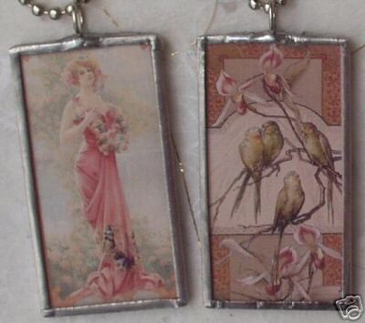 ENRAPTURED ROSE / PARAKEETS ART GLASS PENDANT - Picture 1 of 1