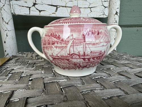 Vintage Johnson Bros Pink Historic America The Clement Sugar & Lid Hudson River - Picture 10 of 14